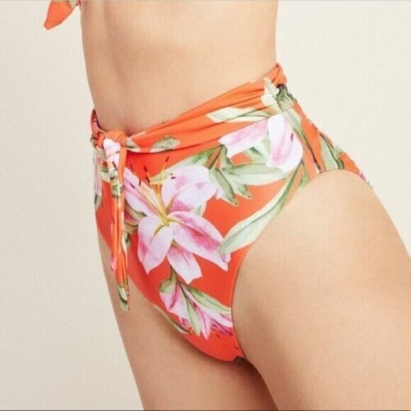 Mara Hoffman Goldie Tie-front Floral Red Bikini High Waist Bottom Size M NWT - Picture 2 of 9